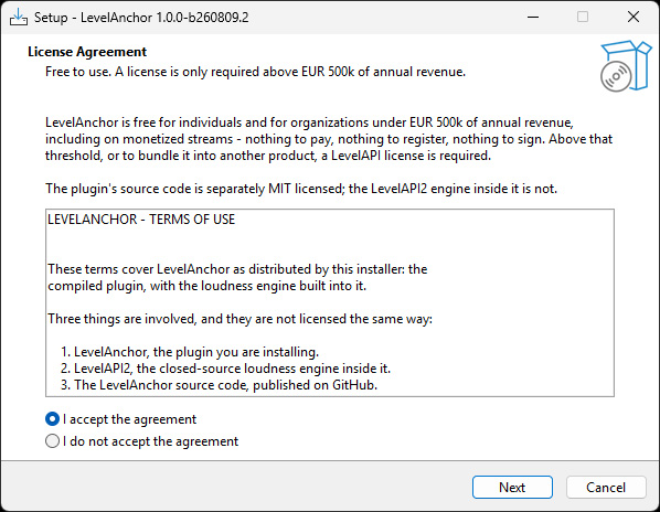 The LevelAnchor installer's licence page, stating that a licence is only required above EUR 500k of annual revenue