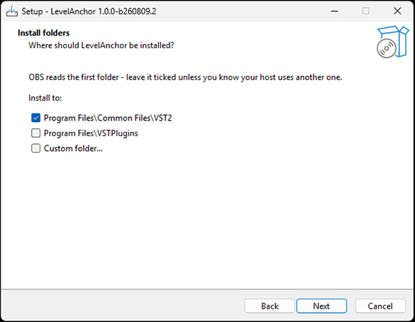 LevelAnchor installer, Install folders page, with Program Files Common Files VST2 ticked