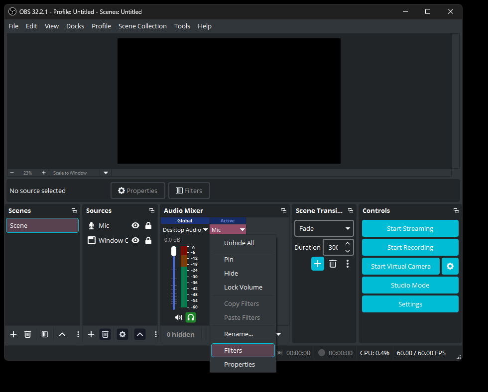 OBS Audio Mixer with the Mic channel menu open and Filters arrowed