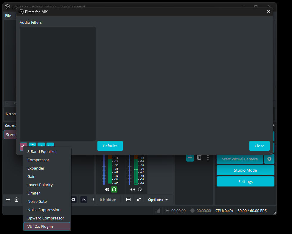 The Filters window for Mic with the add-filter list open and VST 2.x Plug-in arrowed