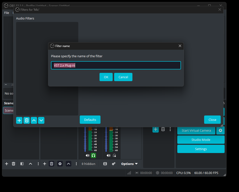 The OBS Filter name dialog, prefilled with VST 2.x Plug-in, with the OK button arrowed