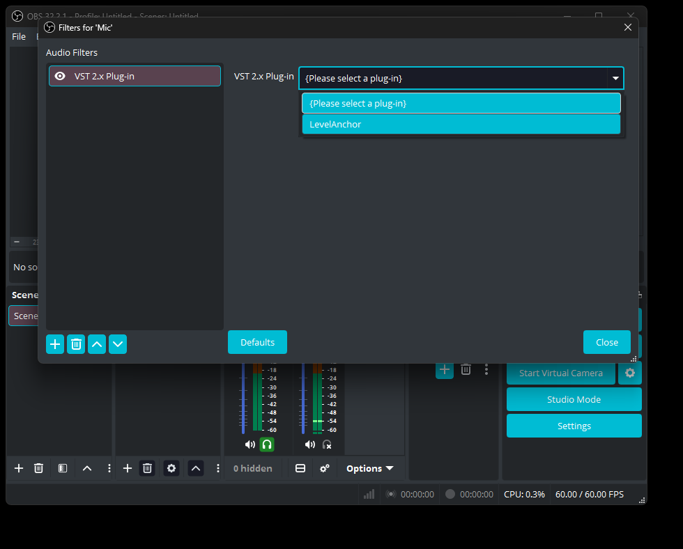 The VST plug-in dropdown open, with LevelAnchor arrowed as the choice