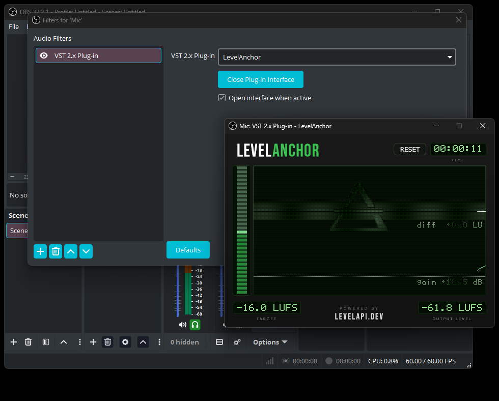 LevelAnchor selected as the VST plug-in, its window open and running, with the Open interface when active checkbox arrowed