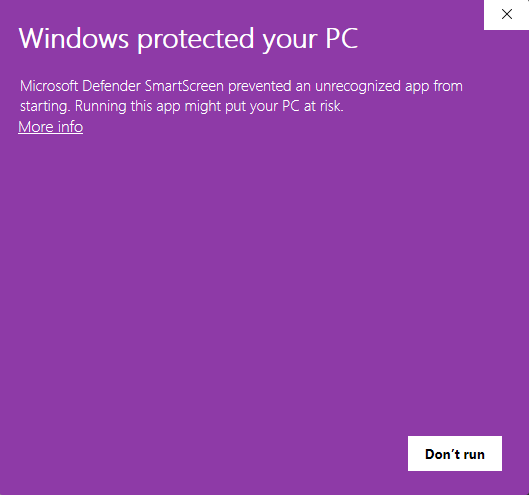 Windows SmartScreen dialog reading Windows protected your PC, with the More info link arrowed